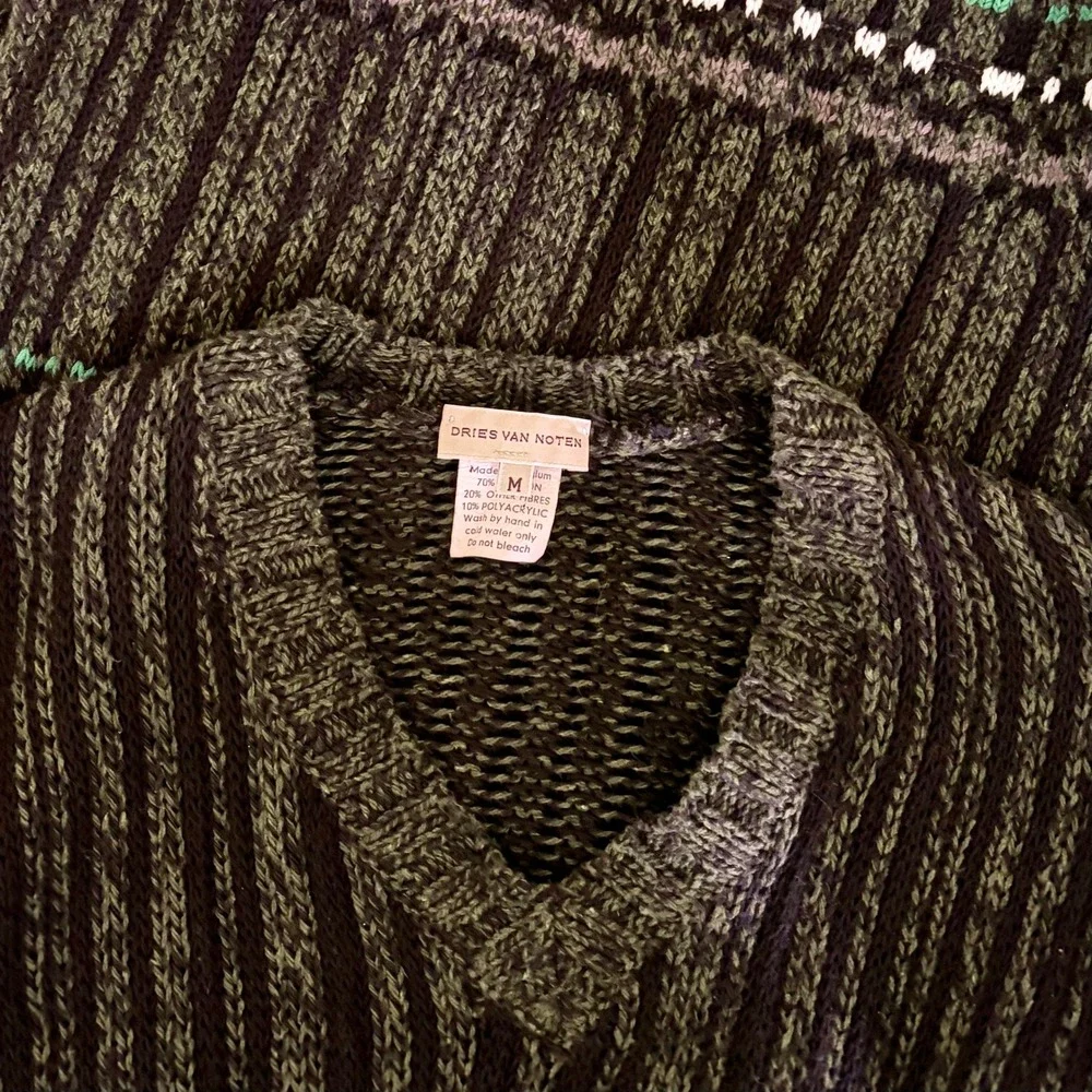DRIES‎ VAN NOTEN Green Striped Pullover Knit Sweater V Neck Medium